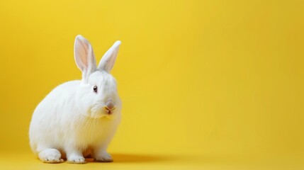 White rabbit sitting on yellow background, soft fur texture, clean modern composition