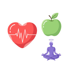Holistic health and wellness concept illustrated with icons for a balanced lifestyle. Heartbeat, healthy food, and meditation for physical and mental well-being.