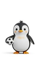 Cute penguin cartoon character holding a soccer ball isolated on white background