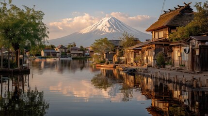 Fototapeta premium Mount Fuji and Thatched Cottages by Clear Ponds