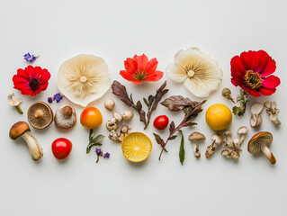 Still life photo of flowers, mushrooms and cactus fruit on white background