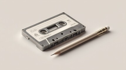 Obraz premium Retro Audio Cassette Tape and Pencil on a Clean Background Still Life