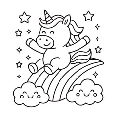 Adorable Cartoon Unicorn Sitting on Rainbow, Stars, Clouds;  Line Art, Coloring Page, Childish, Whimsical