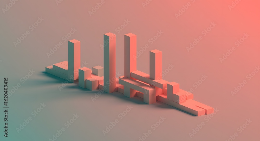 Poster abstract geometric composition featuring rectangular blocks arranged in a cityscape-like structure, 