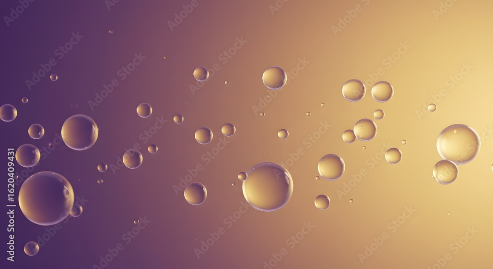 Poster abstract arrangement of translucent bubbles floating against a gradient background of purple and gol