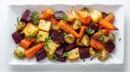  Colorful roasted veggies from above, earthy tones enhanced by white elegant background.