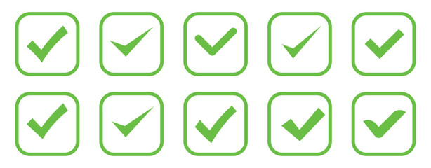 Vector of Green check mark, isolated tick symbols, checklist signs, and an approval badge. Flat and modern checkmark design, vector illustration.