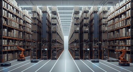 Automated Warehouse with Robotic Arms and Tall Shelves Filled with Bins