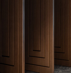 Fototapeta premium Row of brown wooden doors inside a dark room. Three opened brown doors with rectangular pattern. 