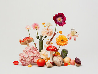Still life photo of flowers, mushrooms and cactus fruit on white background