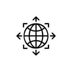 Fototapeta premium Outline globe with four directional arrows corner brackets world earth