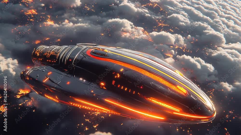 Sticker futuristic spaceship flying above a planet covered in clouds and lava