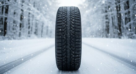 Tire Standing on Snowy Road in Winter Forest