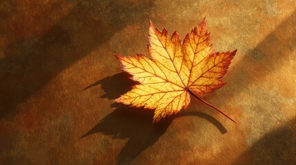 Golden autumn maple leaf on brushed brass, warm copper tones, sunlight shadows, minimalist elegance, luxury packaging, seasonal branding, editorial layout