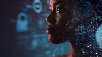 African American IT expert - Futuristic Digital Interface Overlaid on a Young Woman's Face in a Tech Environment - Powered by Adobe