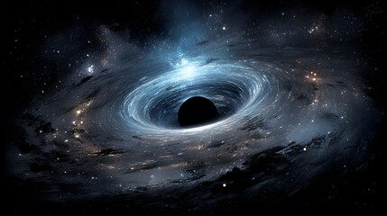 An awe-inspiring black hole with swirling galaxy dust provides a cosmic backdrop. Perfect for science, technology, and futuristic design projects. High-impact visual.