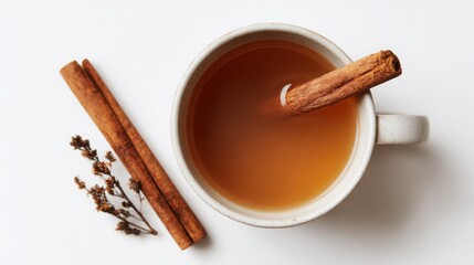  Top-down shot of spiced apple cider, warm autumn drink on white elegant backdrop.