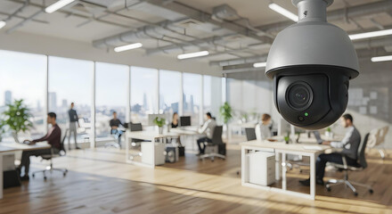 Close-up of modern security camera in high-rise office, vibrant workspace blurred behind.
