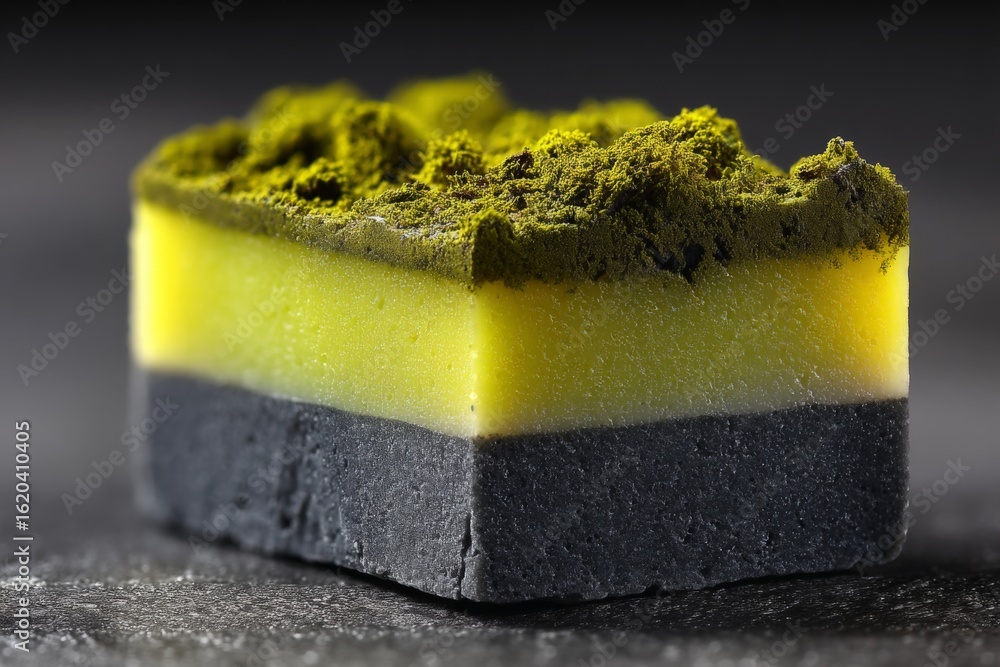Poster colorful layered dessert showcases vibrant matcha and charcoal elements with a smooth texture in a m