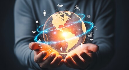 Hands holding glowing digital globe with network connections and business icons earth world