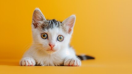 White-patched kitten playing on yellow background, joyful expression, stock photo style