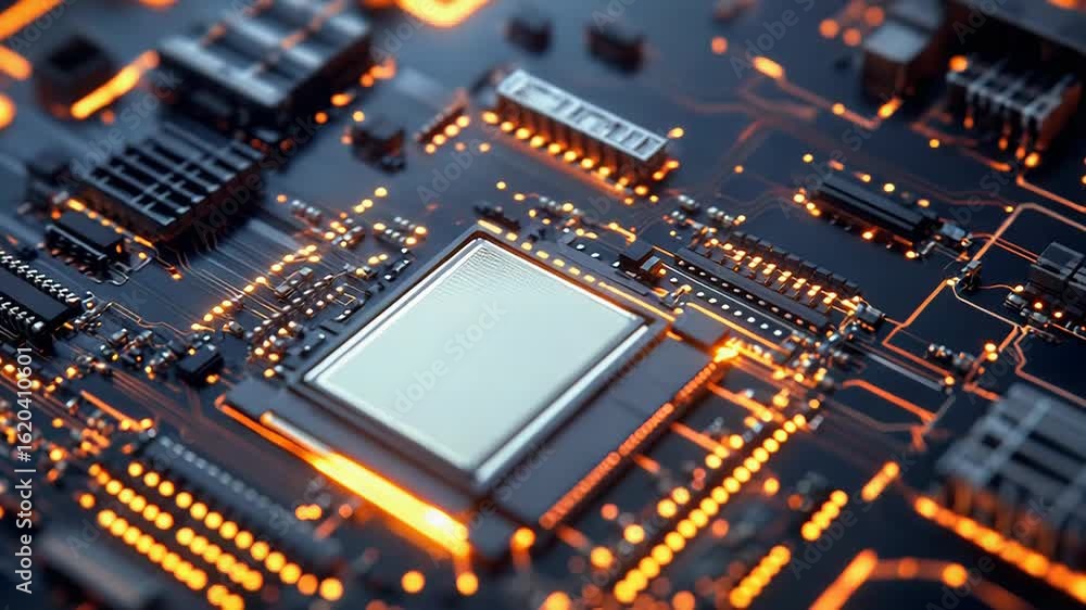 Poster cpu processing data on motherboard with orange lights
