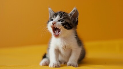 White-patched kitten playing on yellow background, joyful expression, stock photo style