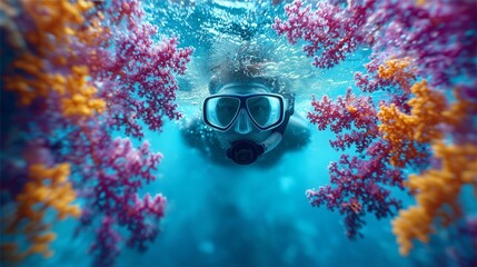 Snorkeler Exploring Colorful Coral Reef in Tropical Ocean, Underwater Marine Adventure in Clear Blue Water
