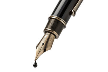 Exquisite black fountain pen nib with intricate design and glossy finish on black background