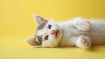 White-patched kitten playing on yellow background, joyful expression, stock photo style