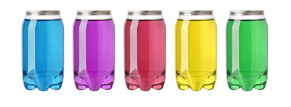 Five colorful cans of soda pop with aluminum pull tabs on white background