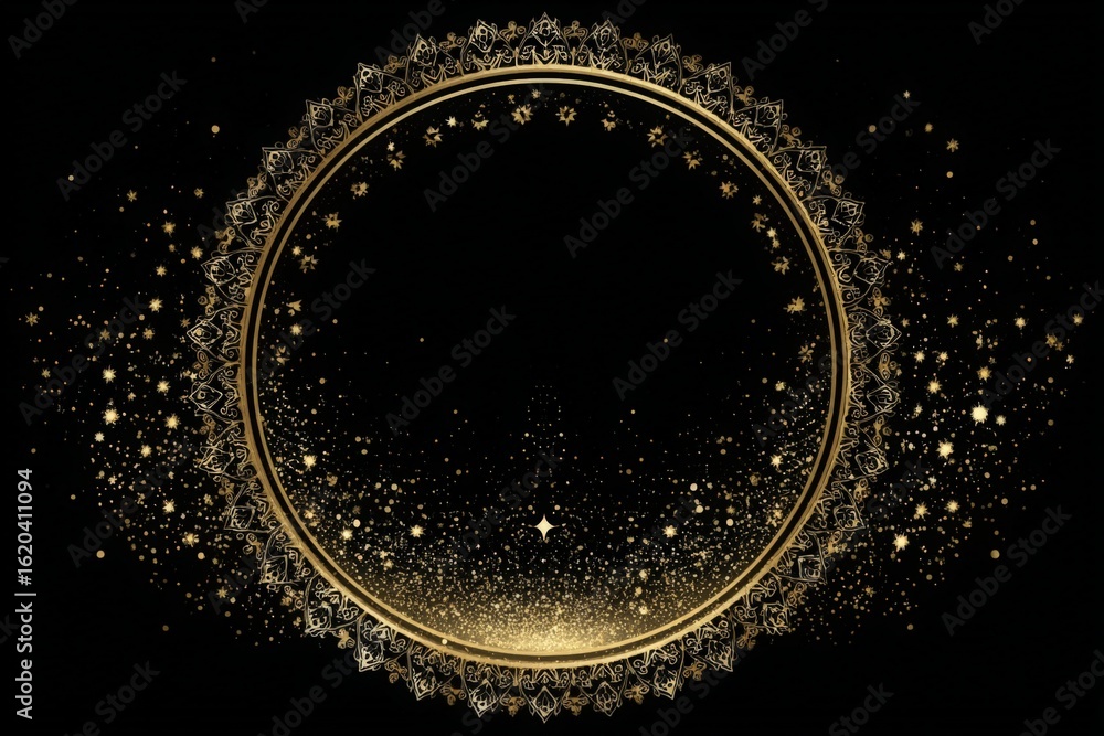 Poster golden decorative circular design with stars and intricate patterns on a black background