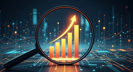 Magnifying glass over glowing orange bar graph with upward arrow and digital data lines data analysis
