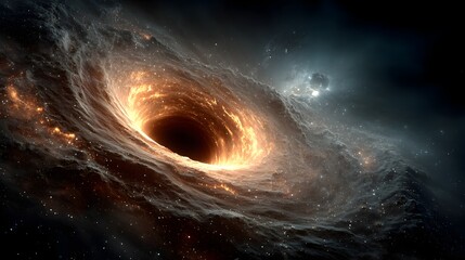 An awe-inspiring black hole with swirling galaxy dust provides a cosmic backdrop. Perfect for science, technology, and futuristic design projects. High-impact visual.