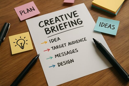 Checklist details creative briefing stages with colorful notes