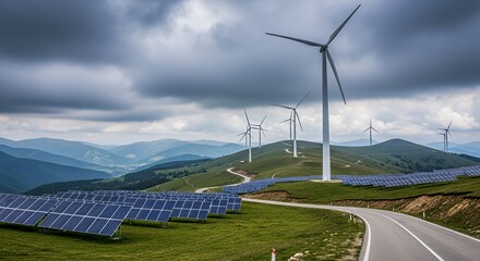 Wind Turbines and Solar Panels on Green Rolling Hills Under Cloudy Sky