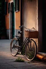 Old vintage bicycle with a basket on a cobbled street in an urban European city