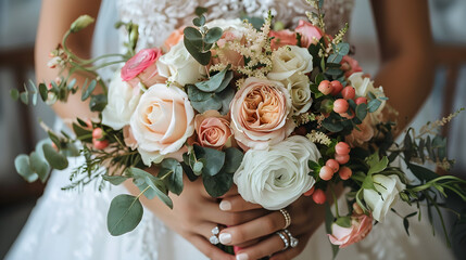 Flatlay of Wedding Day Essentials: Bouquet Invitation and Rings, in high resolution clean minimal style stock photo illustration background image ideal for templates advertisements and web banners sho