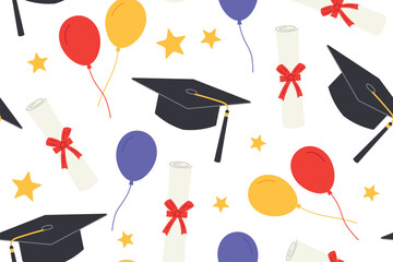 graduation seamless pattern with mortarboards, diplomas, balloons and stars; perfect for graduation party invitations, gift wrapping- vector illustration