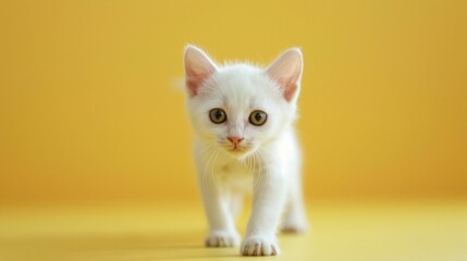 White-patched kitten playing on yellow background, joyful expression, stock photo style