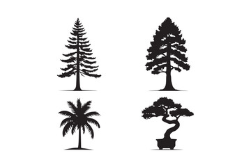 Four silhouette trees including pine palm and bonsai