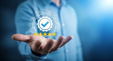 Person holding digital badge with checkmark and four yellow stars approval blue