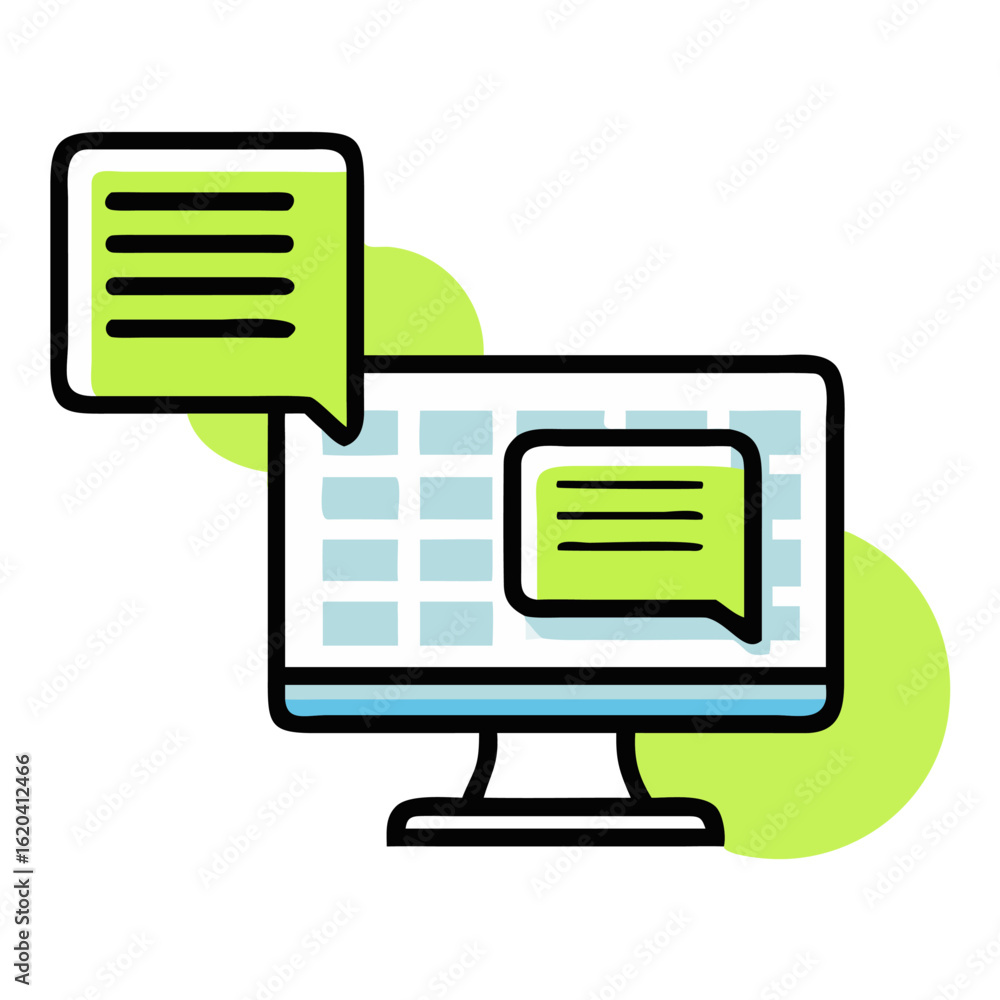 Poster computer screen with chat bubbles isolated on white background for online communication and support