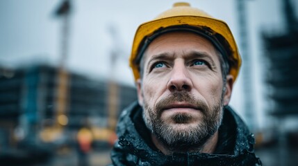 Confident Construction Worker Wearing Yellow Hard Hat at Urban Job Site with Buildings in Background on Cold Day
