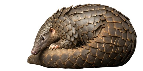  Studio macro photo of a pangolin curled into a defensive ball, overlapping scales rendered with extreme clarity and metallic sheen, soft light tracing outer edges, full isolation on black background.