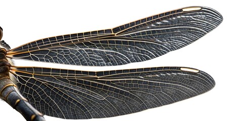  High-Resolution Macro Image of a Dragonfly's Wing Veins, Translucent and Fragile, Against white background .
