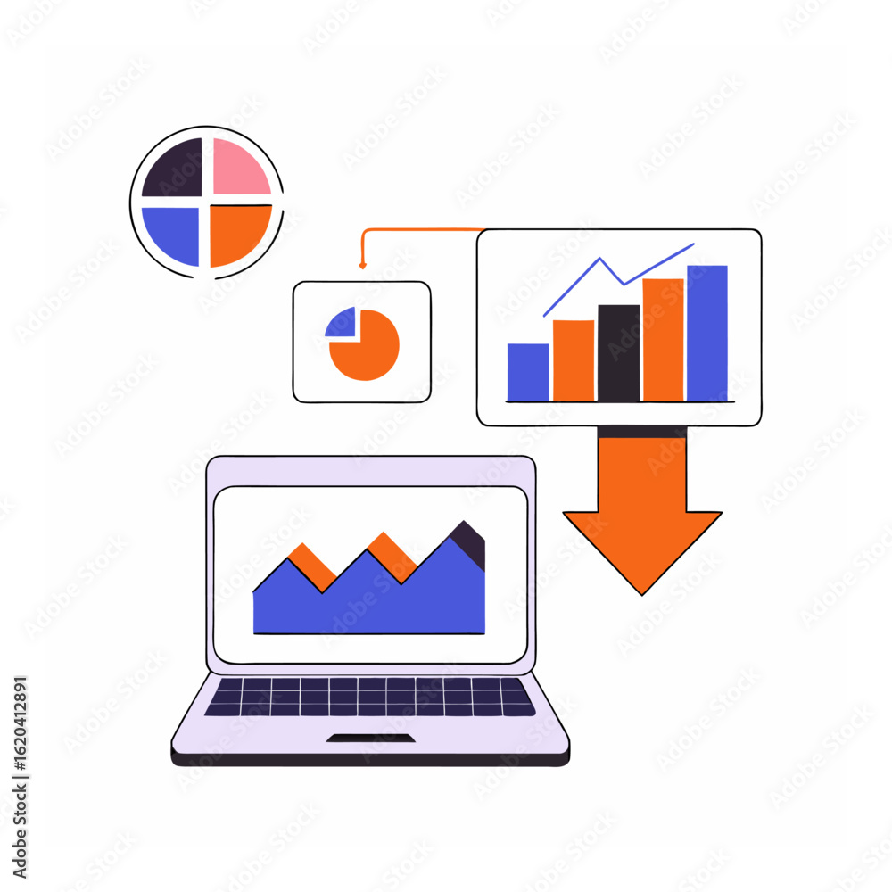 Poster laptop displaying business charts and graphs with an arrow pointing downwards isolated on white back