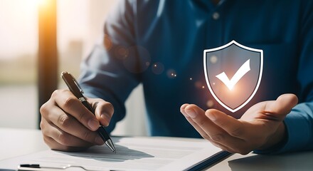 Person signing document with glowing shield symbol of protection over hand security checkmark
