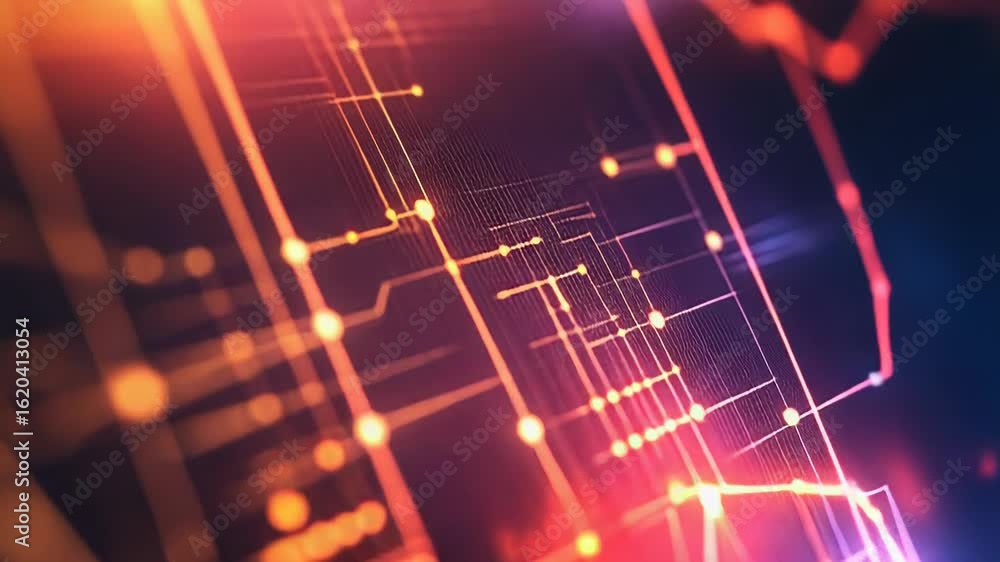 Poster glowing lines and nodes showing data flowing through network visualization