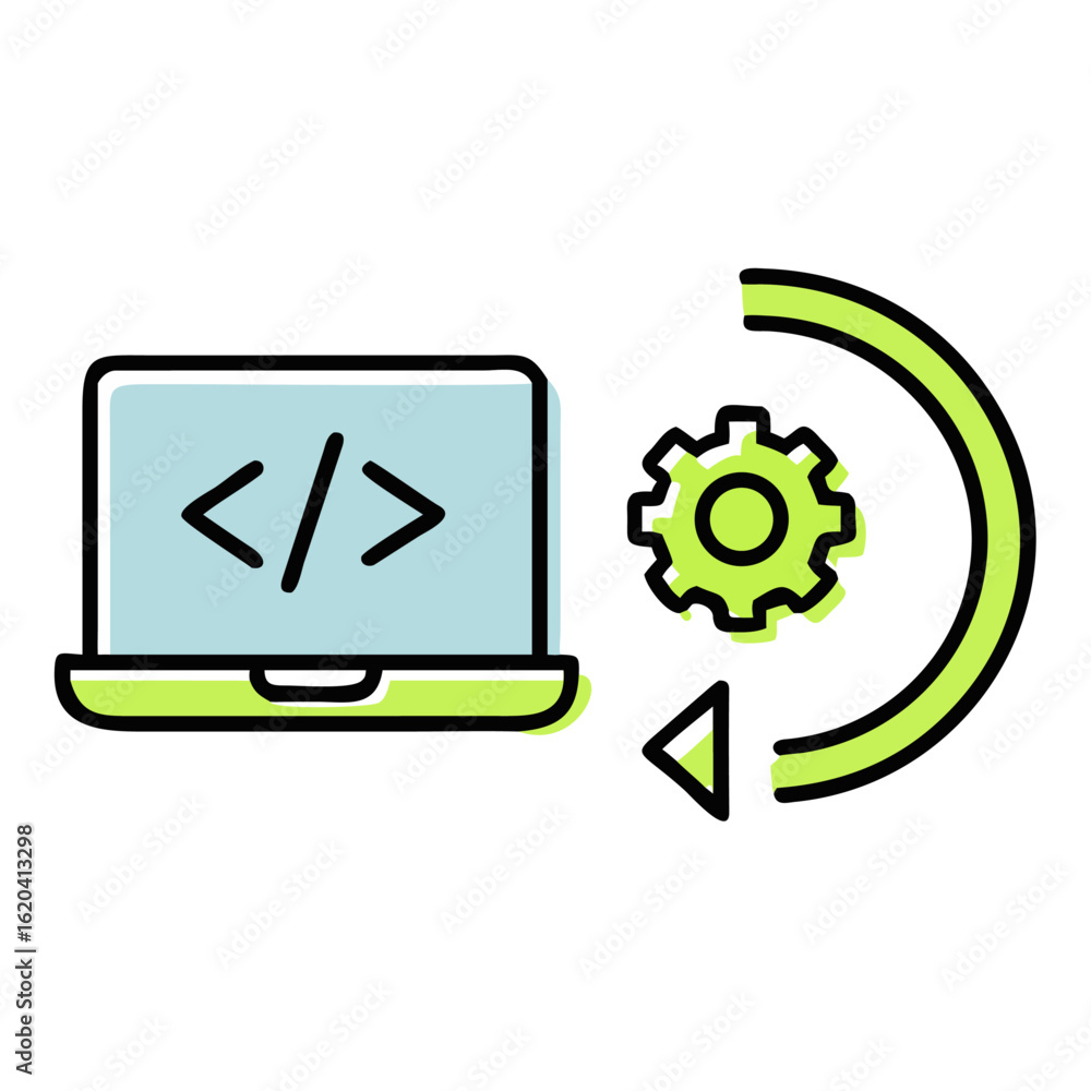 Aufkleber laptop with code and gear wheel showing software development process isolated on white background